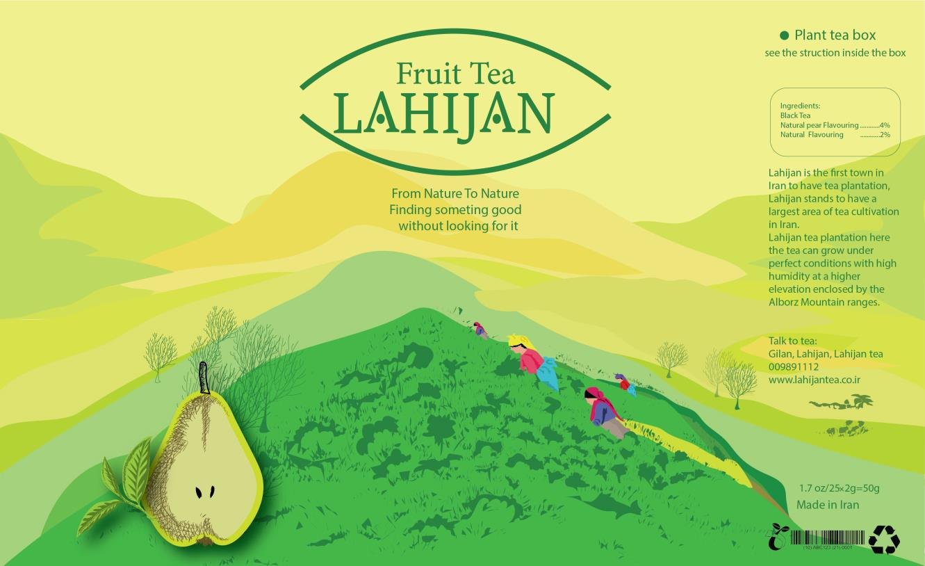 Fruit Tea box artwork: yellow-green hills with a pear