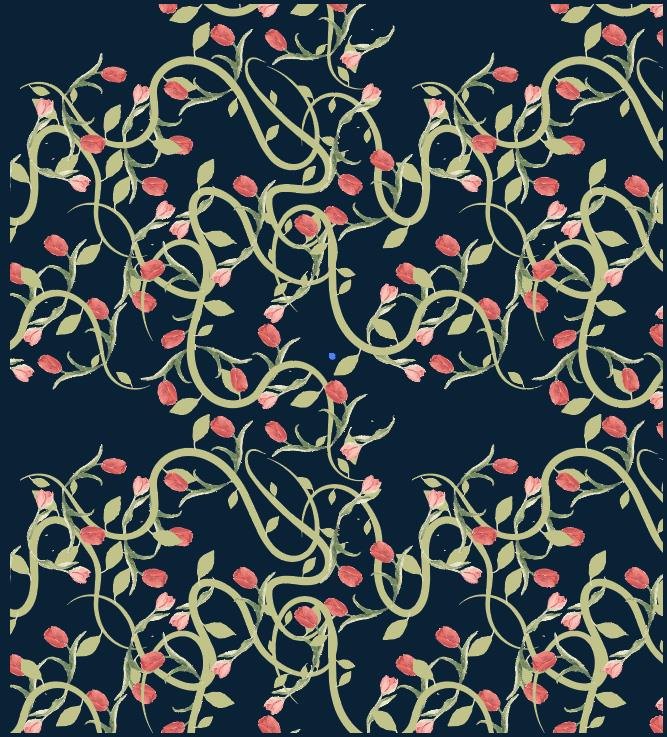 Repeat pattern of pale vines and pink buds on navy