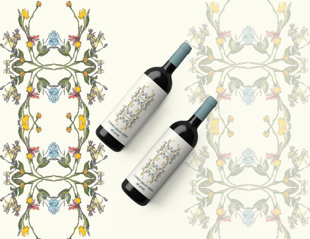 Two wine bottles on a mirrored botanical watercolour pattern