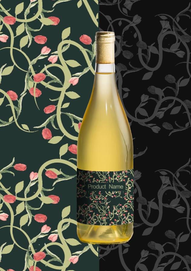 White wine bottle with a dark botanical pattern label