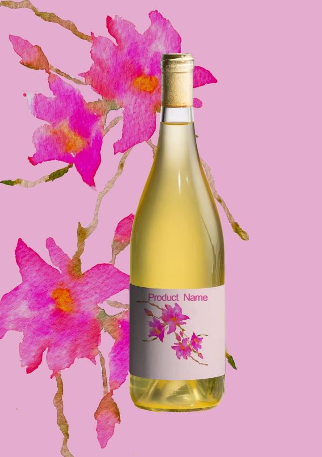 White wine bottle against magenta watercolour orchids