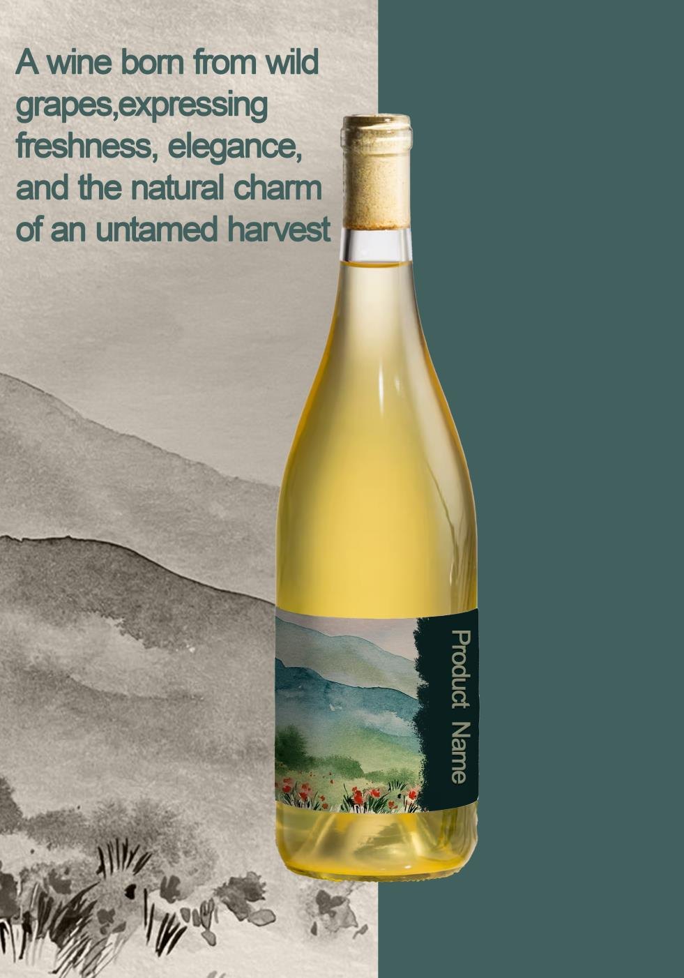 White wine bottle with a watercolour landscape label, beside an ink-wash panel reading "A wine born from wild grapes"